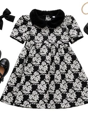 Janie Jack Black White Floral Jacquard Faux Fur Holiday Dress Girls 6 in EUC
